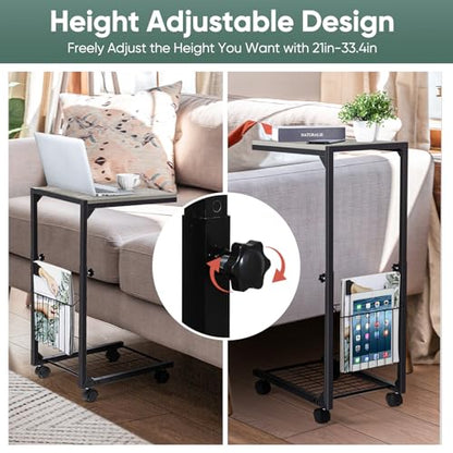 C Shaped End Table Small Couch Side Table with Metal Frame Slide Under Couch Table for Sofa Adjustable Height C Table for Living Room Bedroom Small Spaces, Grey - color: Grey