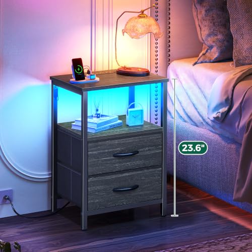 Huuger Night Stand with Charger Station and LED Lights, 2 Drawer Nightstand | Bed Side Table with Open ShelfEnd TableFabric Drawers for Bedroom, Charcoal Black - color: Charcoal Black, size: 11.8"D x 15.7"W x 23.6"H（2 Drawers）