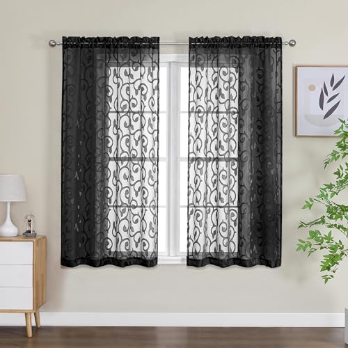 Furman Sheer White Curtains, 45 Inch Length 2 Panels Set, Airy Jacquard Clip Short Curtains for Small Window, Semi Sheer for Bathroom Bedroom Living Room, 40Wx45L inch - color: Black, size: 40"W x 45"L (Pack of 2)