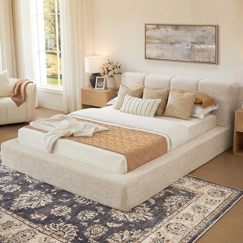 King Size Cloud Bed Frame with 6'' Headboard, 5.1'' Thick Foam Bed Frame with Culp Fabric Upholstered, Modern Floor-Standing Metal Platform Support, Easy Assembly, No Box Spring Needed, Cream - color: Birchbrook Cream, size: King (U.S. Standard)