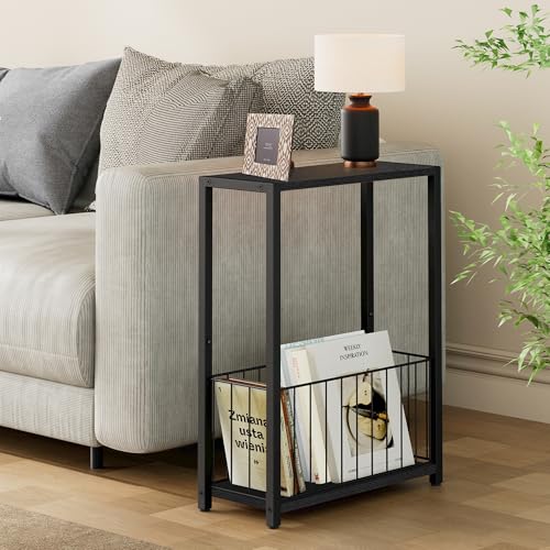 Homleke Narrow Side Table with Magazine Holder, Skinny End Table | Space-Saving Design, Small Spaces, Storage Shelf, Metal Frame, Easy Assembly, 7.1" D x 16.9" W x 23.6" H, Black - color: Black - Standard