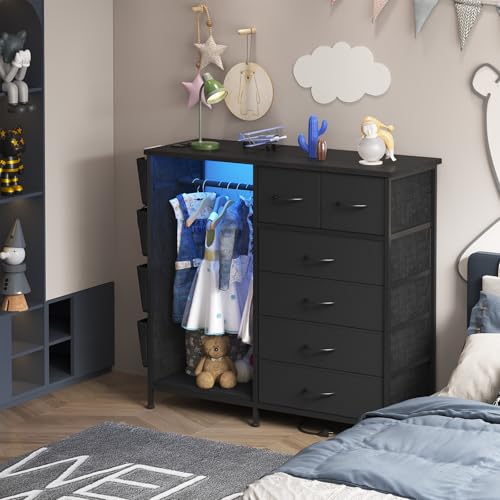 6 Drawer Dresser for Bedroom with Clothes Rack, Clothes Dresser with Side Pockets and Hooks, Charging Station & LED Lights, Wooden Top, Fabric Storage (Black) - color: Black