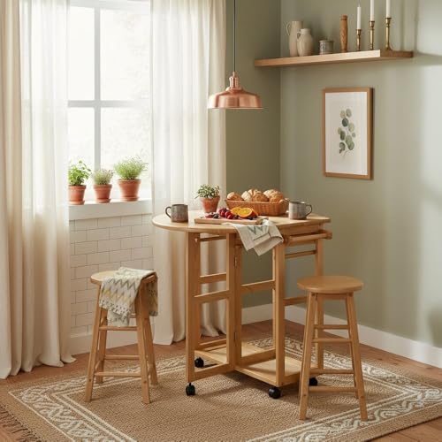 Furnifact Space-Saving 3-Piece Drop Leaf Dining Set, Solid Wood Table & 2 Round Stools, Brown