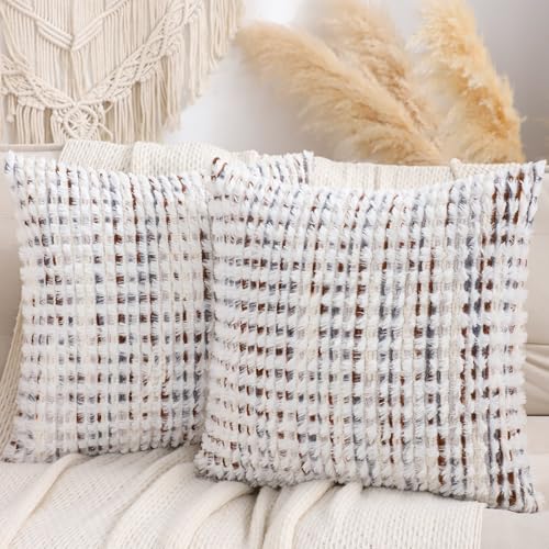 LUOYEHK Boho Throw Pillow Covers 18x18 Inch Set of 2 Farmhouse Neutral Pillow Covers Chenille Tufted Pillowcase for Couch Sofa Bed Living Room, Brown White - color: Brown White, size: 18" x 18" (Pack of 2)