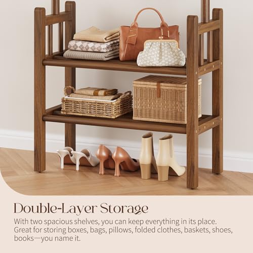 Yoobure Solid Wood Clothing Rack with Shelves - Coat Rack Freestanding with 6 Hooks, 3-in-1 Hall Tree for Hanging Clothes, Tall Garment Racks with Storage for Bedroom, Entryway, Living Room, Closet - color: Walnut