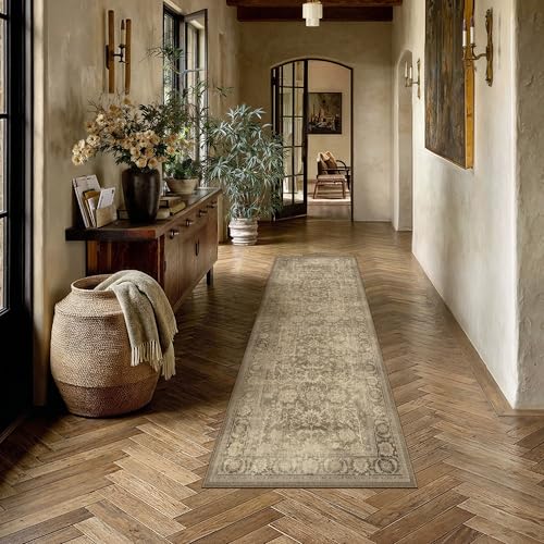 2x6 Brown Washable Runner Rug for Kitchen Vintage Distressed | Retro, Non Slip, Soft Low Pile, Carpet for Hallway, Entryway, Laundry Room, Bathroom, Bedroom, Indoor Home Decor - color: Brown, size: 2' x 6' (Runner)