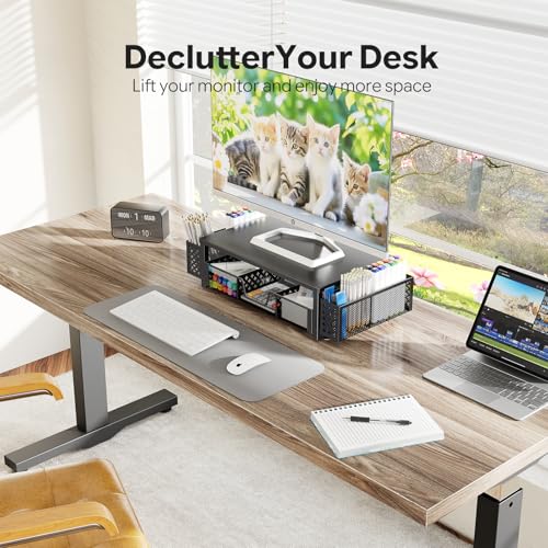 Simple Trending Desk Organizer, Computer Monitor Stand Riser, Black | Metal Laptop & Printer Stand, Desktop Organizer with Drawer & 2 Pen Holders, Anti-Slip Pads, 18.5"W x 9.5"D x 4.75"H - size: 18.5"W x 9.5"D x 4.75"H