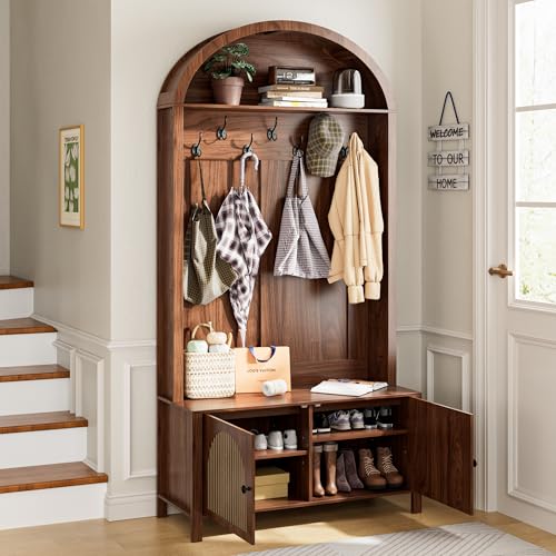 Mxtxmy Hall Tree with Bench and Shoe Storage 78.74" Coat Rack with 7 Hooks | Farmhouse Entryway Bench with Adjustable Shelf,4-in-1,Tall Hall Tree with Arch Storage Cubby Furniture Organizer for Hallway - size: 78.74"H