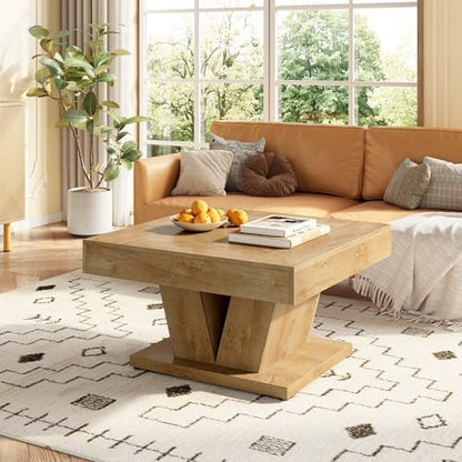 LITTLE TREE Square Coffee Table, Modern Rustic Coffee Table for Living Room, Wooden Table with Adjustable Feet, Oak - color: Oak