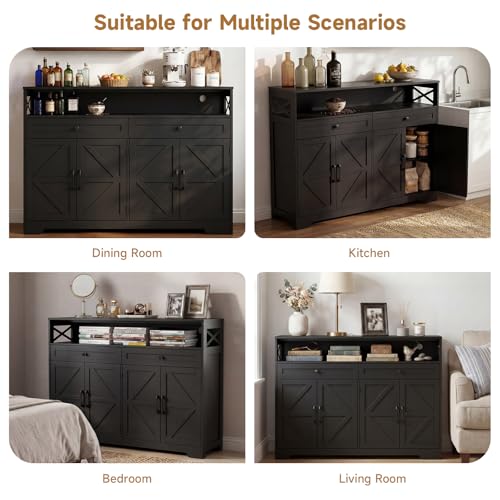 Lahomie 47" Sideboard Buffet Storage Cabinet, Coffee Bar Cabinet,Dark Brown | Coffee Bar Station with Power Outlet, Farmhouse Sideboard with 2 Drawers Adjustable Shelves Open Shelf, Kitchen, Living Room - color: Dark Brown, size: 47"W