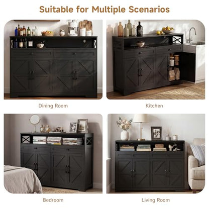 Lahomie 47" Sideboard Buffet Storage Cabinet, Coffee Bar Cabinet,Dark Brown | Coffee Bar Station with Power Outlet, Farmhouse Sideboard with 2 Drawers Adjustable Shelves Open Shelf, Kitchen, Living Room - color: Dark Brown, size: 47"W