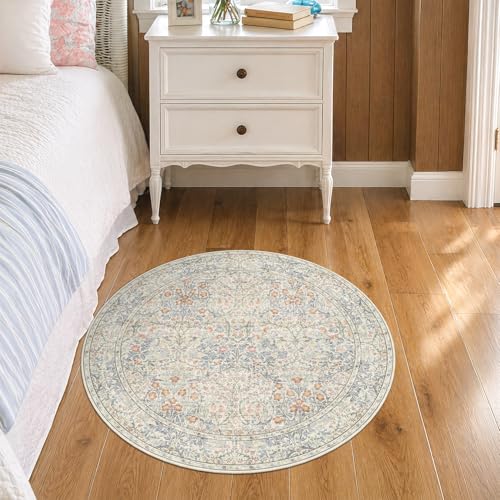 Beige Blue 3ft Round Rug for Bedroom, Entryway, Bathroom - Soft Small Circle Rugs for Home Office, Nurery, Kitchen, Pastel Washable Throw Rug Non Slip & Low Pile Carpet Décor - color: Beige Blue, size: 3' (Round)