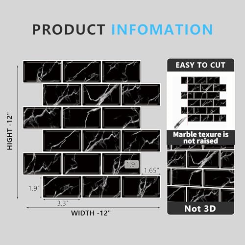 URCOLOR 10-Sheet Back Splashes for Kitchens Peel and Stick,12"x12" Self Adhesive Subway Wall Tiles Stick on backsplash Tiles for Bathroom Black Marble - color: Black
