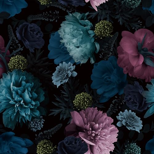 Livelynine Floral Wallpaper Peel and Stick Dark Moody Navy Blue Flowers Pink Peony Black Floral Wall Paper for Bathroom Purple Olive Green Vintage Contact Paper Renter Friendly Vinyl Dark 17.5x78.8 - size: 17.5" x 78.8"