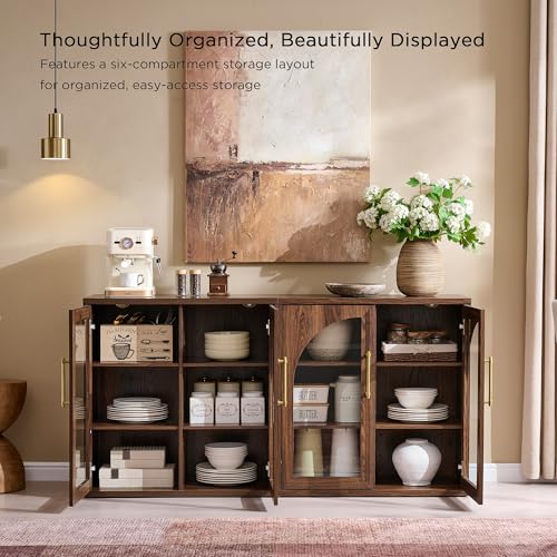 Glass Arched Door Sideboard Buffet Cabinet Set of 2, Brown | Modular, Multi-Compartment Storage, Adjustable Shelf, Soft Close Hinges, Freestanding, for Dining Room, Living Room - color: Brown