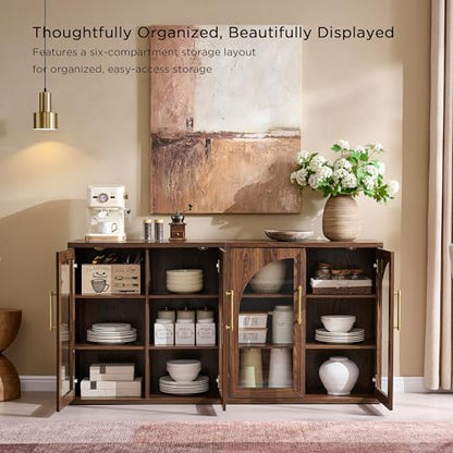 Glass Arched Door Sideboard Buffet Cabinet Set of 2, Brown | Modular, Multi-Compartment Storage, Adjustable Shelf, Soft Close Hinges, Freestanding, for Dining Room, Living Room - color: Brown