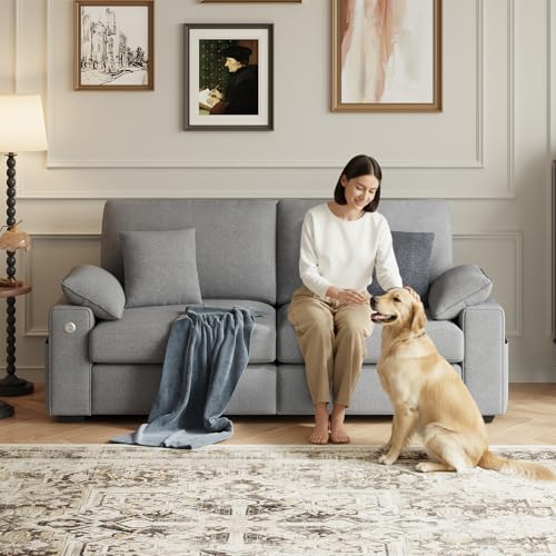 MALOL 89" Loveseat Couch, 3 Seater Upholstered Mid-Century Mondern Love Seat with USB Type C Ports, 4 Pillows and Storage Armrest Cloud Foam Sofa for Living Room/Small Spaces, Grey - color: Grey-new