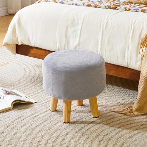 YMYNY Round Pouf Ottoman 12.6" Small Foot Stool, Grey HBD035G | Faux Fur, Wood Legs, Modern Boho, Foot Rest for Couch Living Room Bedroom Office - color: Grey