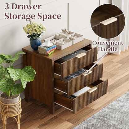 Fluted Nightstand, 23.7'' Wide Night Stand with 3 Drawers, Mid-Century Modern Bedside Table with Handles, Wood End Table for Bedroom, Walnut - color: Walnut
