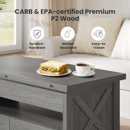 Amada 39" Lift Top Coffee Table with Drawer, Shelf, Hidden Storage, Grey | Modern farmhouse style, quiet and stable lifting system, CARB-certified, 4-in-1 table for dining, working, reading, relaxing - color: Wash Grey
