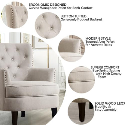 Rosevera Set of 2 Velvet Upholstered Club Chair 34.5”H, Barrel Chair, Wingback Tufted Button Armchair, Contemporary Nailhead Accent Chair for Living Room, Bedroom, Recreation, Entryway, Small Space - color: Beige Set of 2