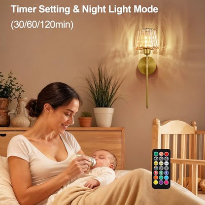 Battery Operated Crystal Wall Sconce Set of 2, Amber Rechargeable Wireless Wall Sconces with Remote Dimmable 12 Colors Modes Led Wall Lights for Bedroom Living Room Hallway, 2 Bulbs Included - color: Amber