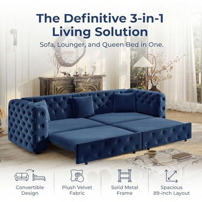 89" 4-Seater Queen Size Pull Out Sofa Bed with 3 Pillows, Blue | 4-Seater Classic Velvet Sofa with Tufted Design,3 Pillows,89" Extra Large 3-in-1 Pull Out Sofa - color: Q-blue-w01