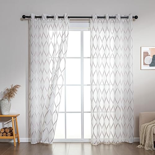 SLEEP ZONE Sheer Curtains for Living Room and Bedroom, Embroidered Sheer Curtains White Sheer Curtain 42 × 63 inch Length of 2 Panels, Off-White Waves - color: White Waves, size: 42"W×63"L