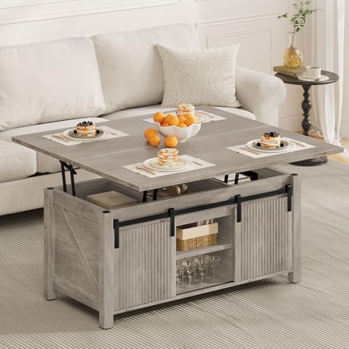 Lift Top Coffee Table, 4 in 1 Convertible Coffee Table, Farmhouse Coffee Tables, with Hidden Compartments, with Sliding Doors, for Living Room, Apartment, Greige MKF01FH - color: Greige