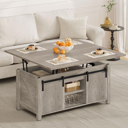 Lift Top Coffee Table, 4 in 1 Convertible Coffee Table, Farmhouse Coffee Tables, with Hidden Compartments, with Sliding Doors, for Living Room, Apartment, Greige MKF01FH - color: Greige