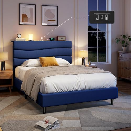EnHomee Twin Bed Frames with Upholstered Headboard & Charging Station | Adjustable height, Wave design, 2 USB & 1 Type-C ports, Under-bed storage, Noise-free, No box spring needed, Navy Blue - color: Navy Blue, size: Twin