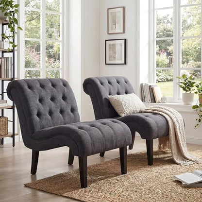 Accent Chairs Set of 2 Upholstered Living Room Bedroom Side Chairs Curved Button Tufted Armless Lounge Chair with Wood Legs Gray Fabric - color: Grey, size: 2 Chairs
