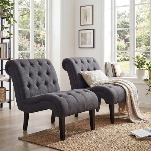 Accent Chairs Set of 2 Upholstered Living Room Bedroom Side Chairs Curved Button Tufted Armless Lounge Chair with Wood Legs Gray Fabric - color: Grey, size: 2 Chairs