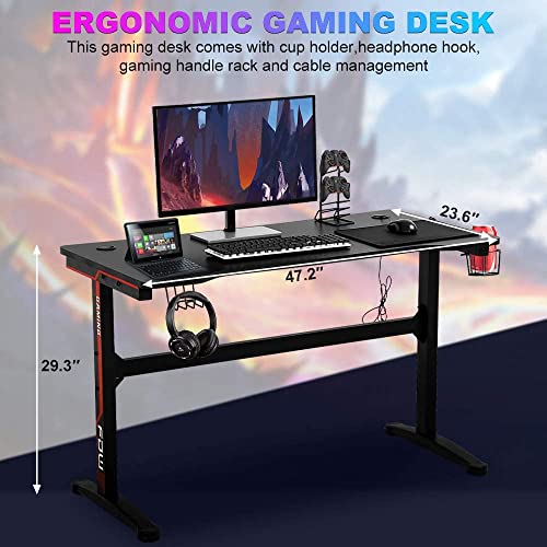 Dkelincs 47 Inch Gaming Desk T-Shaped Computer Desk PC Computer Table Home Office Desk Ergonomic Gamer Workstation with Headphone Hook and Cup Holder, Red - color: Red, size: 47.2 Inch
