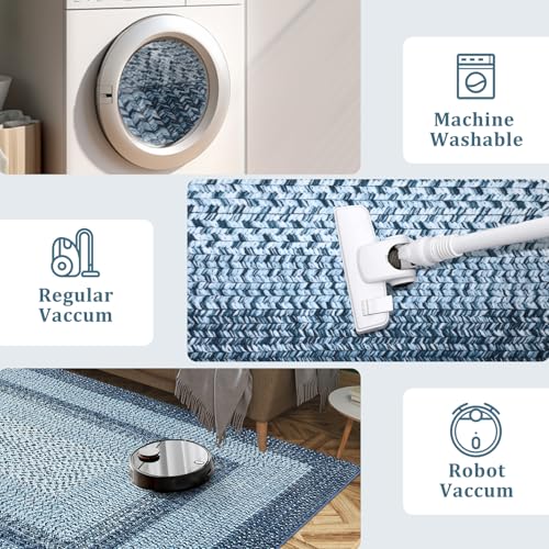 Braided Print Runner Rug 2x8 Machine Washable Hallway Runner Rugs | Entryway Long Throw Carpet Non Slip Kitchen Mat Living Room Rustic Carpet for Bedroom Dining Room, Blue - color: Blue, size: 2' x 8' (Runner)