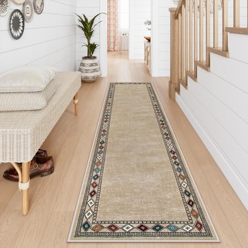 Lahome Modern Bordered Hallway Runner, 2.5x8 Rug Non-Slip Washable Kitchen Runner Rugs Non Skid Washable Ultra-Thin Soft Carpet for Hallways Bathroom Laundry Bedroom (2.5'x 8',Beige) - color: Beige, size: 2' x 8'