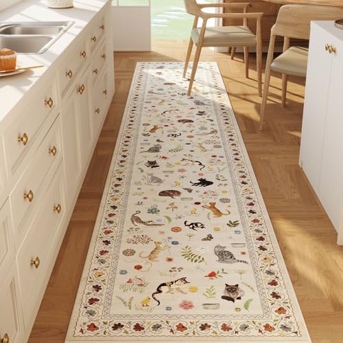 Rugcomf 2'7"x12' Kitchen Runner - Floral Cat Washable Long Hallway Runner Rug Non Slip, Boho Carpet for Entryway, Hall, Bathroom - Beige - color: Beige/Cat, size: 2'7" x 12' (Rectangular)