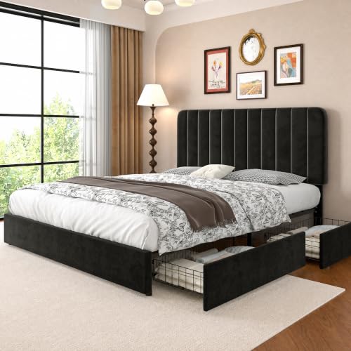 VECELO Queen Size Upholstered Bed Frame with 4 Drawers and Headboard, Velvet Platform Storage Bedframe, Wooden Slats Support, No Box Spring Needed,Black - color: Black, size: Queen, style: Bed Frame with Drawer