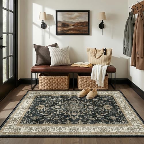 RELEANY Washable Vacuum-Friendly Area Rugs 3'x5' Black/Vintage | Low Pile Stain-Resistant, Soft Non-Slip, Floral Vintage Distress Print Pattern Medallion, for Living Room Bedroom Hallway - color: Black/Vintage, size: 3' x 5' (Rectangular)