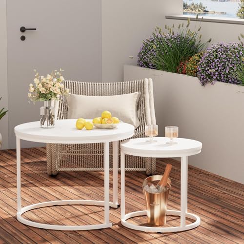 Nesting Coffee Table, 23.6" Round Coffee Table Set of 2, Wooden Nesting Table Set with Metal Frame, Side Tables for Living Room Bedroom Balcony, White - color: White