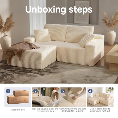 75" Cloud Modular Boneless Couch, Left Facing L-Shaped Chaise Sectional Sofa - No Assembly Required, Plush Corduroy & Memory Foam, for Living Room Bedroom Apartment (Beige) | Left Facing Chaise,No Assembly,Corduroy Fabric, High-Density Foam, Dorm Room, Ap