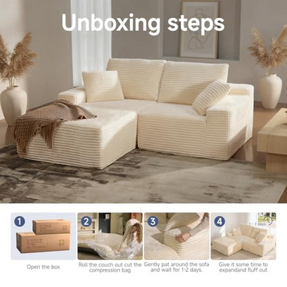 75" Cloud Modular Boneless Couch, Left Facing L-Shaped Chaise Sectional Sofa - No Assembly Required, Plush Corduroy & Memory Foam, for Living Room Bedroom Apartment (Beige) | Left Facing Chaise,No Assembly,Corduroy Fabric, High-Density Foam, Dorm Room, Ap