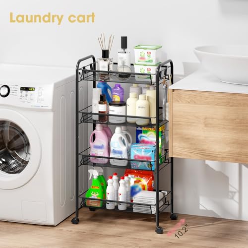TOOLF 4-Tier Rolling Cart, Metal Utility Cart with 3 Hooks, Easy Assemble Mobile Storage Trolley On Wheels, Metal Shelving Units Kitchen Bathroom Laundry Room - color: Black, size: 4-Tier