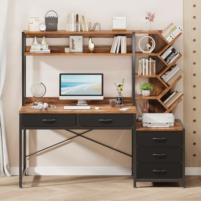 52" Computer Desk with Bookshelf, 5 Drawers ＆ Hutch for Bedroom | Office Desk with Printer Shelf, Study Writing Desk with Storage Shelves, Rustic Brown - color: Rustic Brown