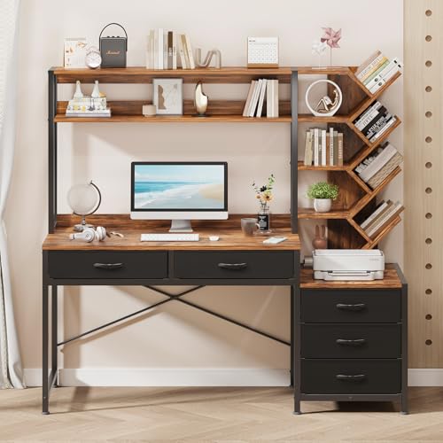 52" Computer Desk with Bookshelf, 5 Drawers ＆ Hutch for Bedroom | Office Desk with Printer Shelf, Study Writing Desk with Storage Shelves, Rustic Brown - color: Rustic Brown