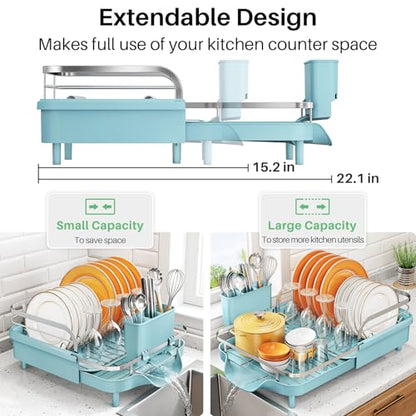 SNTD Expandable Dish Drying Rack for Kitchen Counter, 15.2-22.1 in, Blue | Rust-Resistant Stainless Steel, Protective Side Rails, Self-Draining Drainboard, Removable Utensil Holder - color: Blue