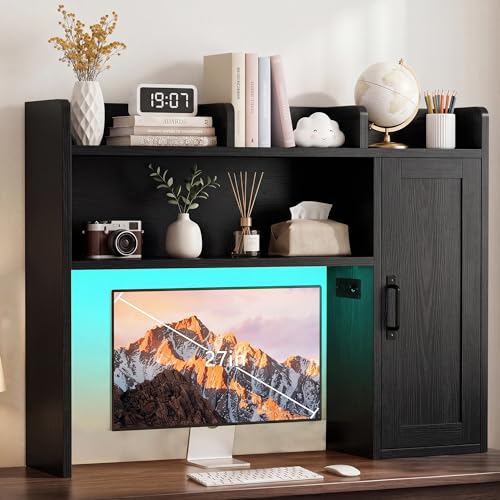 Desktop Storage Shelf, 37.4" Computer Desk Organizer 3-Tier Wood | Desktop Storage Shelf Desk Hutch Dorm with RGB LED Light & Power Outlets for PC Gamers, Office, College Dorm Must Haves-Black - color: Black, size: 37.4" with LED