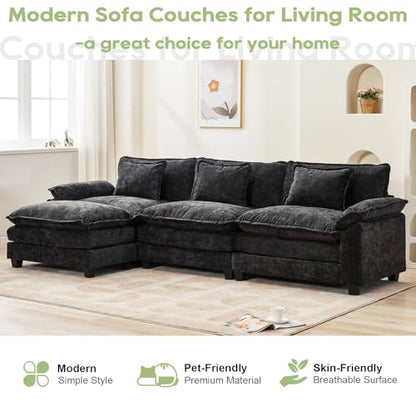 120" Modular Sectional Sofa, Comfy Deep Cloud Couch with Ottoman | L-Shaped Couches for Living Room, Modular Couch, Deep and Wide Seat, Chenille Sofa Sleeper with Throw Pillows, Black - color: Black, size: 120 Inch L