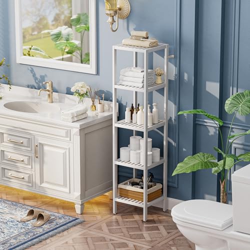 SMIBUY Bathroom Storage Shelf, 5-Tier Bamboo Rack Organizer, Multifunctional Shelving Unit for Living Room Bedroom Kitchen (White) - color: White, size: 5 Tier