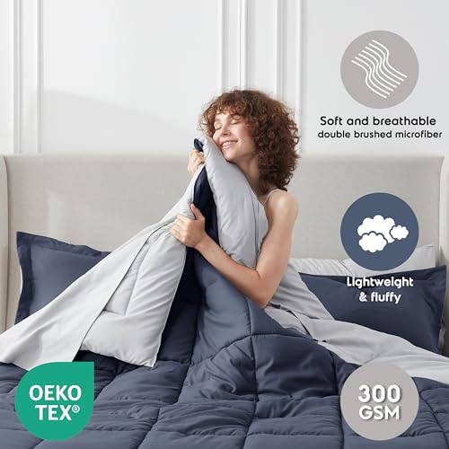 Nestl 7 Piece Full Comforter Set – Navy Reversible Bed in a Bag – Complete Full Size Bedding Set with Sheets, Pillowcases and Shams - color: Navy, size: Full